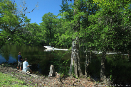 People fishing in a pond at Brunswick Forest