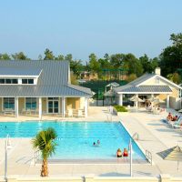 Aerial view of people enjoying the outdoor swimming pool