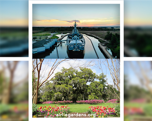 Collage of the Battleship (downtown Wilmington, North Carolina) and Airlie Gardens