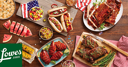 Summer Cookout Food-Covered Table for Lowes Foods Grilling in the Summer Blog