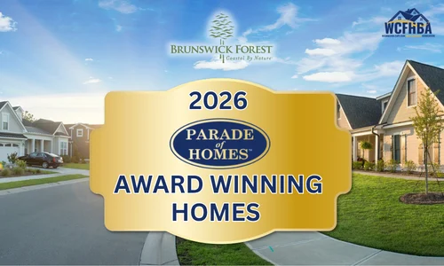 2026 Parade of Homes Award Winning Homes Text on top of gold emblem with neighborhood background