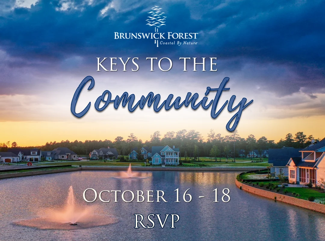 Promotional graphic for Brunswick Forest's "Keys to the Community" event on October 16–18, set over a sunset view of a pond with fountains and neighborhood houses.