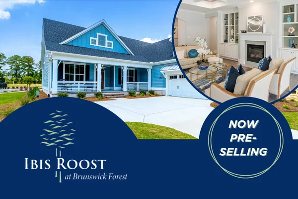 graphic showing exterior of home and interior with Ibis Roost logo and text "Now Pre-Selling